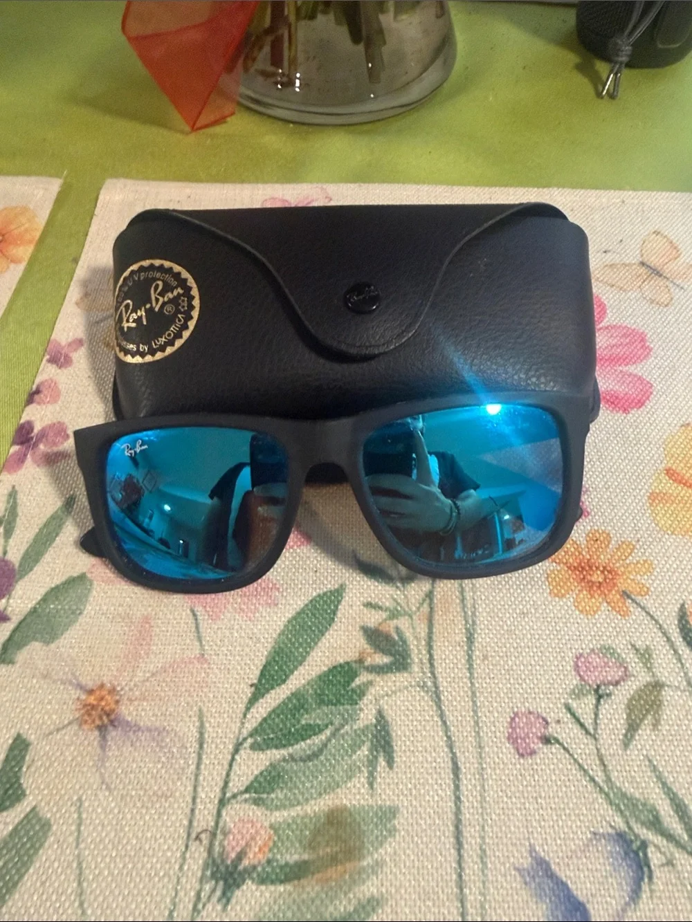 Ray-Ban Black Frame Sunglasses with Blue Mirrored Lenses